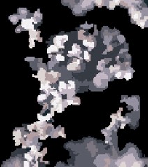 Beautiful white flowers in pixel art style on black background. Monochrome illustration of white bush