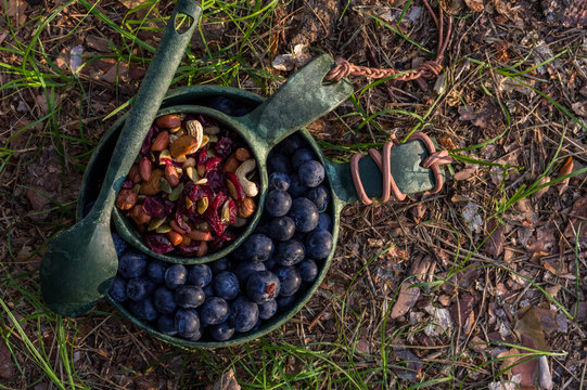 Set of eco dishes. Berries and dried fruits in eco ware. Snack at sunset.