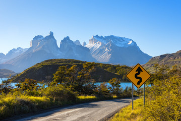 Road in Torres del Paine National park, Chile, Patagonia – part of National System of Protected Forested Areas of Chile, one of largest parks in the country and declared a Biosphere reserve by UNESCO