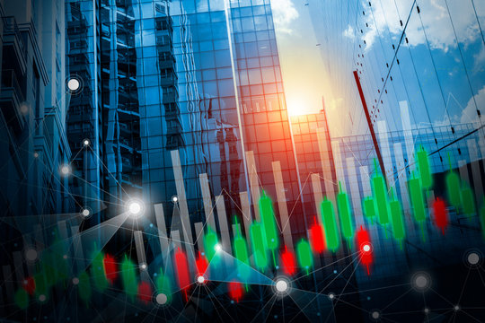 Stock market concept design of business network connection and graph on building with light background - Powered by Adobe