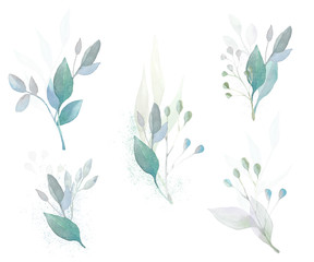 Watercolor arrangements with leaves, herbs. Botanic compositions for wedding, greeting card, fabric