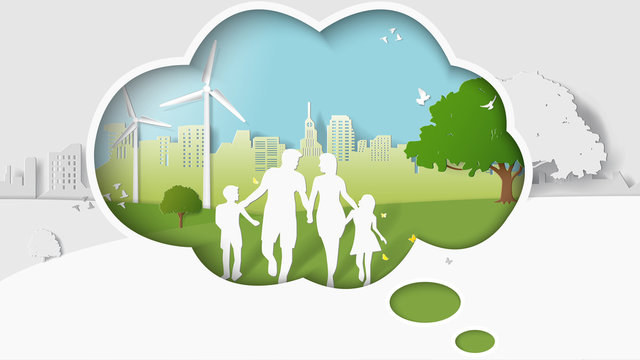 Green Energy Concepts, Dimension Of Thinking, Family Are Walking In Park Of Green City. Paper Art Vector Illustration