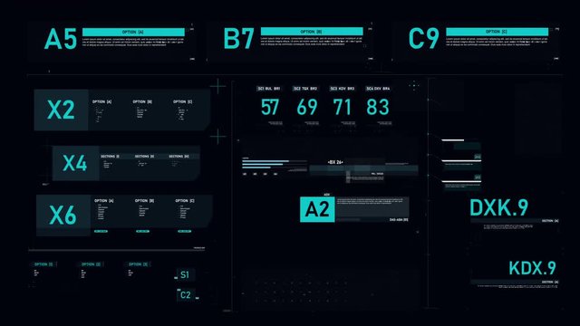Futuristic user interface HUD GUI digital text number element for cyber technology concept with shallow depth of field dark and grain processed