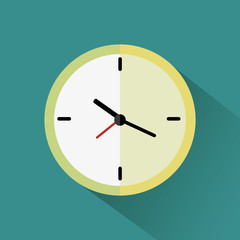 Yellow clock flat icon with long shadow on blue backgraund