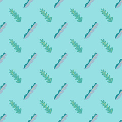 Seamless pattern of fun green and grey leaves on a bright blue background.