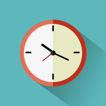 Red clock flat icon with long shadow on blue backgraund