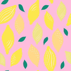 Seamless pattern of bright yellow lemons on a pink background.