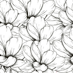 Flower backdrop. Hand drawn seamless pattern with sketch style flowers. Monochrome vector background.