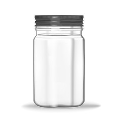 Glass mason jar isolated on white background, vector mock-up. Clear food container with screw metal lid, realistic illustration