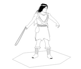 warrior character, contour visualization, 3D illustration, sketch, outline