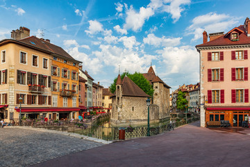 Naklejka na ściany i meble Morning in Annecy, France. Colorful streets of ancient French town