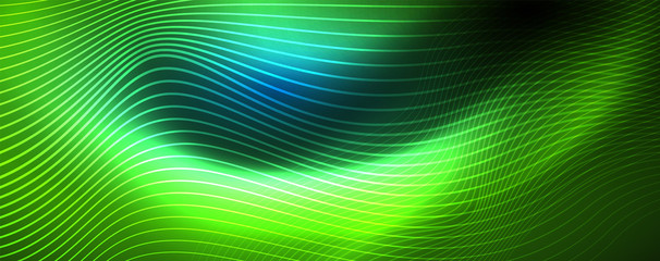 Smooth wave lines on blue neon color light background. Glowing abstract wave on dark, shiny motion, magic space light