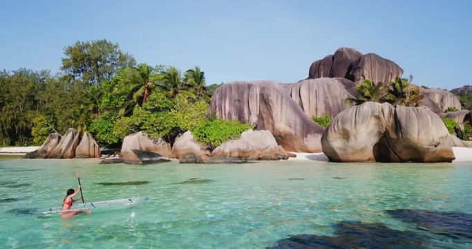 Aerial Backward: Rowing Through the Waves of Seychelles La Digue Beach