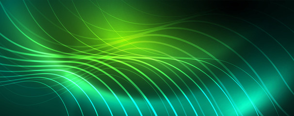 Shiny neon lines template - northern lights glowing blur lines. Futuristic style glow neon 80s disco club or night party techno template