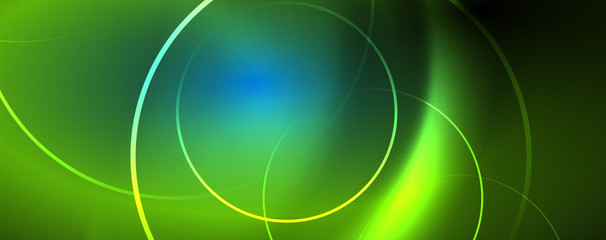 Trendy neon blue abstract design with waves and circles. Neon light glowing effect. Abstract digital background.