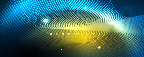 Trendy neon blue abstract design with waves and circles. Neon light glowing effect. Abstract digital background.