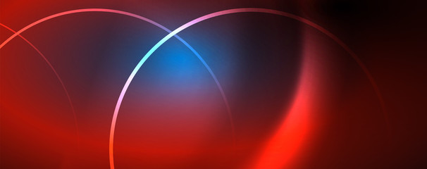 Trendy neon blue abstract design with waves and circles. Neon light glowing effect. Abstract digital background.