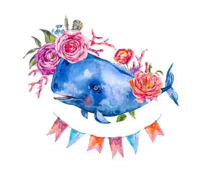 Watercolor blue whale with rose, anemones, summer flowers, red coral.
