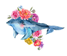 Obraz premium Blue whale watercolor with rose, anemones, summer flowers. Nautical greeting card