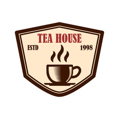 Tea shop emblem template. Design element for logo, label, sign, poster, flyer. Vector illustration