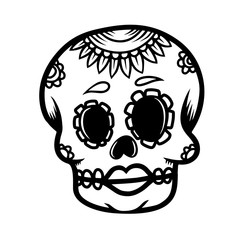Hand drawn mexican sugar skull isolated on white background. Design element for poster, card, banner, t shirt, emblem, sign. Vector illustration