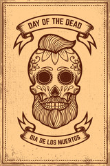 Day of the dead (Dia de los muertos). Mexican sugar skull. Design element for poster, logo, label, sign, card, banner. Vector illustration