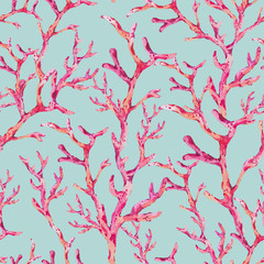 Watercolor seamless pattern with underwater red coral