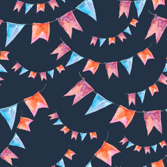 Watercolor colorful party garland seamless pattern and flags