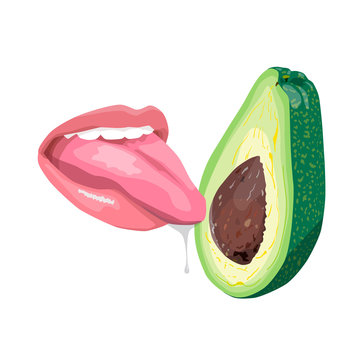 sexy women's tongue with saliva licks or tastes avocado. Attractive female mouth. print for T-shirt or tattoo. isolated on white background