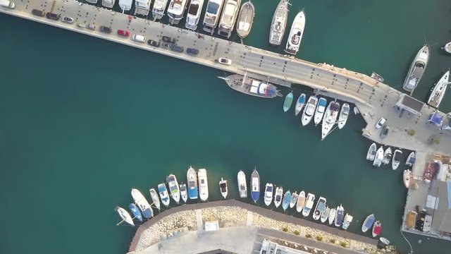 Aerial top down view of boats moored at Limassol New Marina