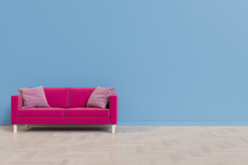 Fototapeta na wymiar 3d illustration of a living room with a fabric sofa against the background of an empty wall and wooden floo