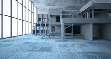 Abstract architectural concrete interior of a minimalist house. 3D illustration and rendering.