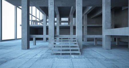 Abstract architectural concrete interior of a minimalist house. 3D illustration and rendering.