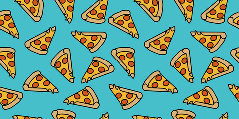 pizza pattern drawing background. Junk food seamless hand drawn for wrapping and decoration print. - obrazy, fototapety, plakaty