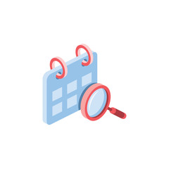 Calendar search. Vector 3d isometric color icon new flat style. Creative illustration, idea for infographics.