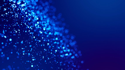 Microcosm. Glow blue particles on blue background are hanging in air for bright festive presentation with depth of field and light bokeh effects. Version 7