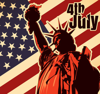 4th Jule. Statue of liberty. Usa flag. Vector image