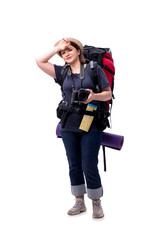 Aged female tourist isolated on white 