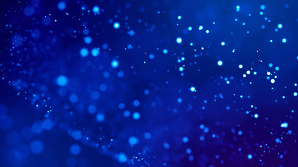 Science fiction. Glow blue particles on blue background are hanging in air for bright festive presentation with depth of field and light bokeh effects. Version 4