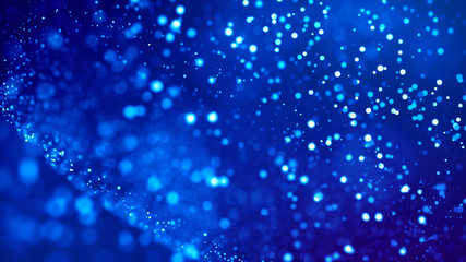 Science fiction. Glow blue particles on blue background are hanging in air for bright festive presentation with depth of field and light bokeh effects. Version 5