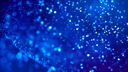 Science fiction. Glow blue particles on blue background are hanging in air for bright festive presentation with depth of field and light bokeh effects. Version 6