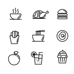 Set of food vector illustration with simple line design such as chicken, burger, noodle, drink, etc.