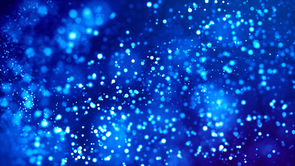 Science fiction. Glow blue particles on blue background are hanging in air for bright festive...