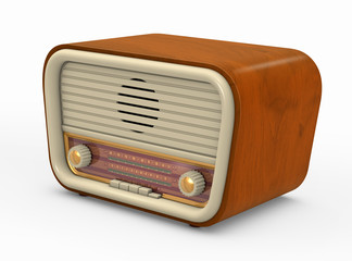 Vintage wooden (fantasy) radio on a white background. Clipping path included for easy separation