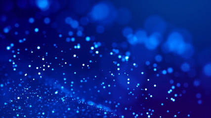 Fototapeta premium Science fiction. Glow blue particles on blue background are hanging in air for bright festive presentation with depth of field and light bokeh effects. Version 25