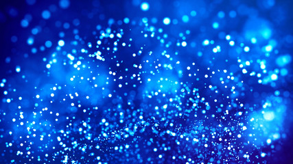 Science fiction. Glow blue particles on blue background are hanging in air for bright festive...