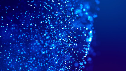 Sci-fi background. Glow blue particles on blue background are hanging in air for bright festive...