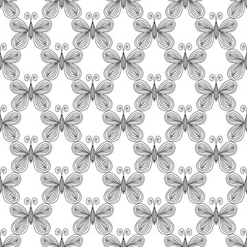 Seamless pattern of butterflies isolated on white background. Hand drawn vector illustration. Outline