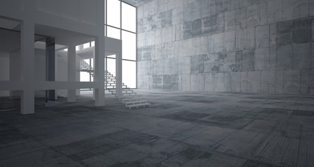 Abstract architectural white interior of a minimalist house with concrete background . 3D illustration and rendering.