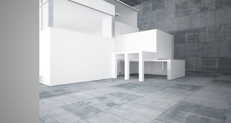 Abstract architectural white interior of a minimalist house with concrete background . 3D illustration and rendering.